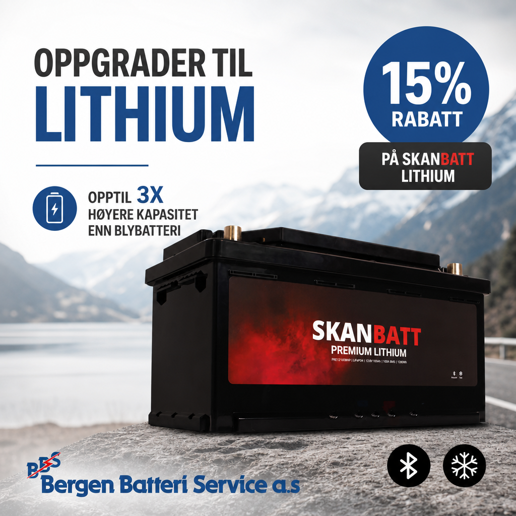 Annonse for Skanbatt litiumbatteri med 15 % rabatt, svart batteri på en snødekt bakgrunn.