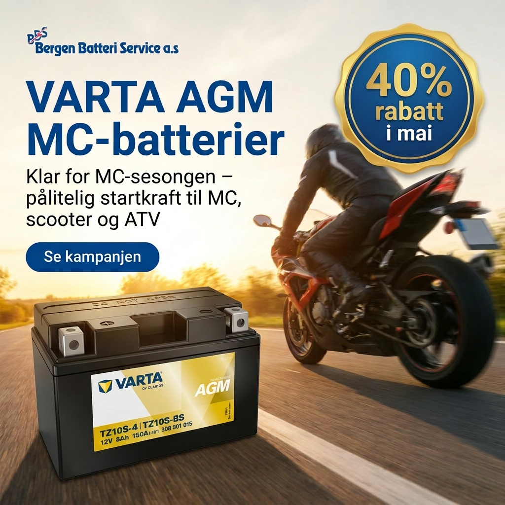 VARTA AGM motorsykkelbatteri med 40 % rabatt, vist på motorsykkelbakgrunn og veibilde