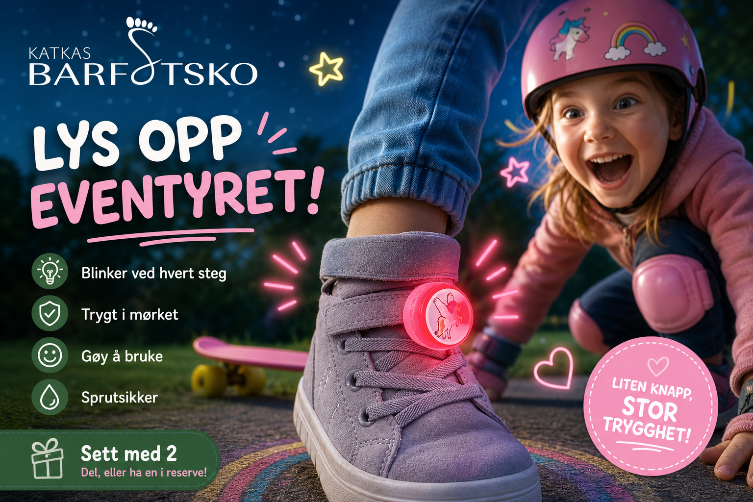 Barfofskio reklame for LED-såle til barn, med barn som sykler i skumring.