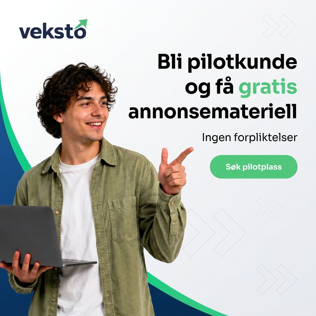 Reklame for Veksto med mann som peker mot tekst om å bli pilotkunde og få gratis annonser, grønn knapp