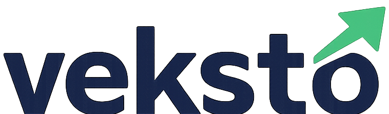 Veksto-logo i mørkeblått med en grønn pil oppover over «o»-en
