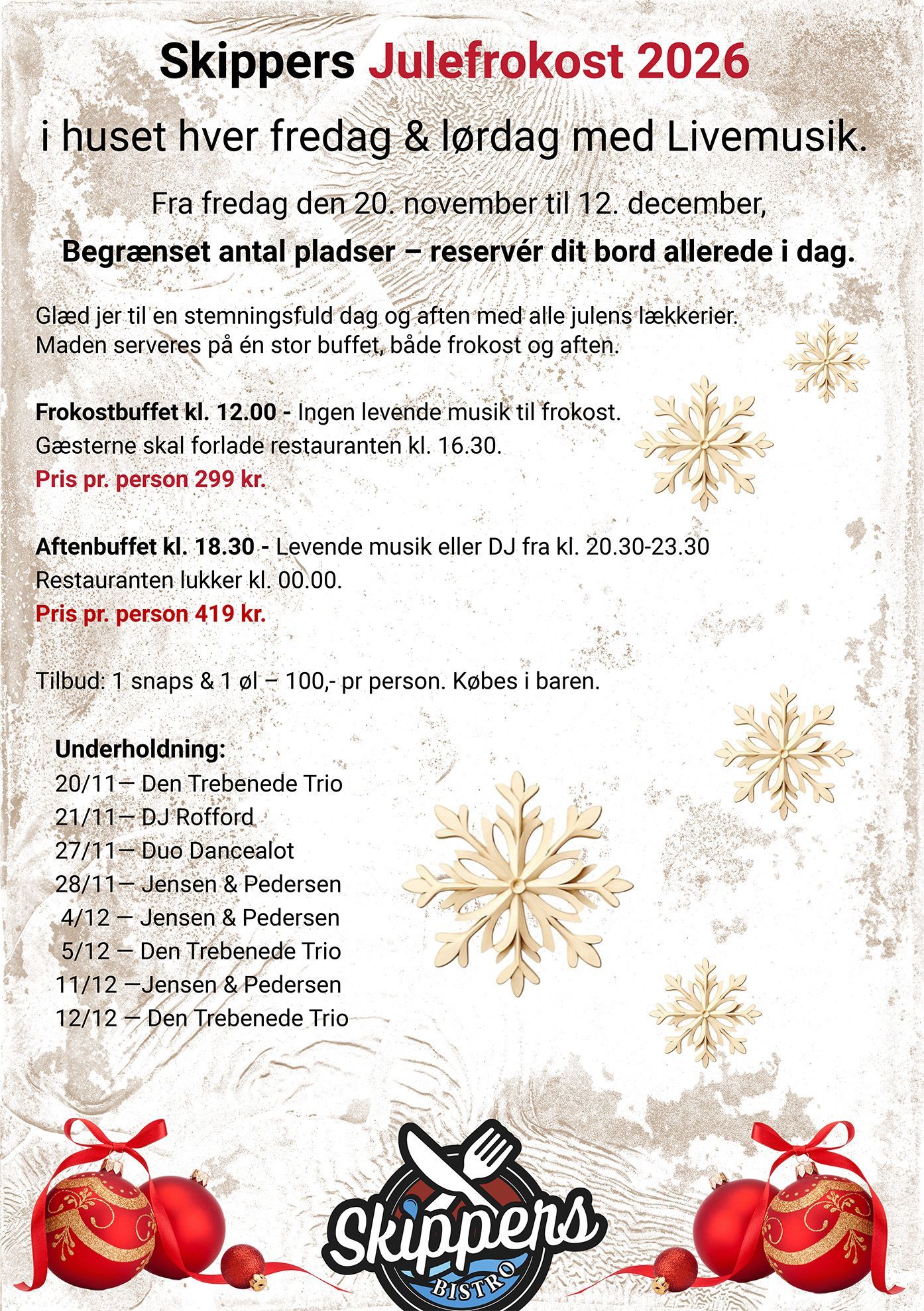 Skippers julefrokost 2026 invitation med festlige snefnug, ornamenter og detaljer om julemåltider