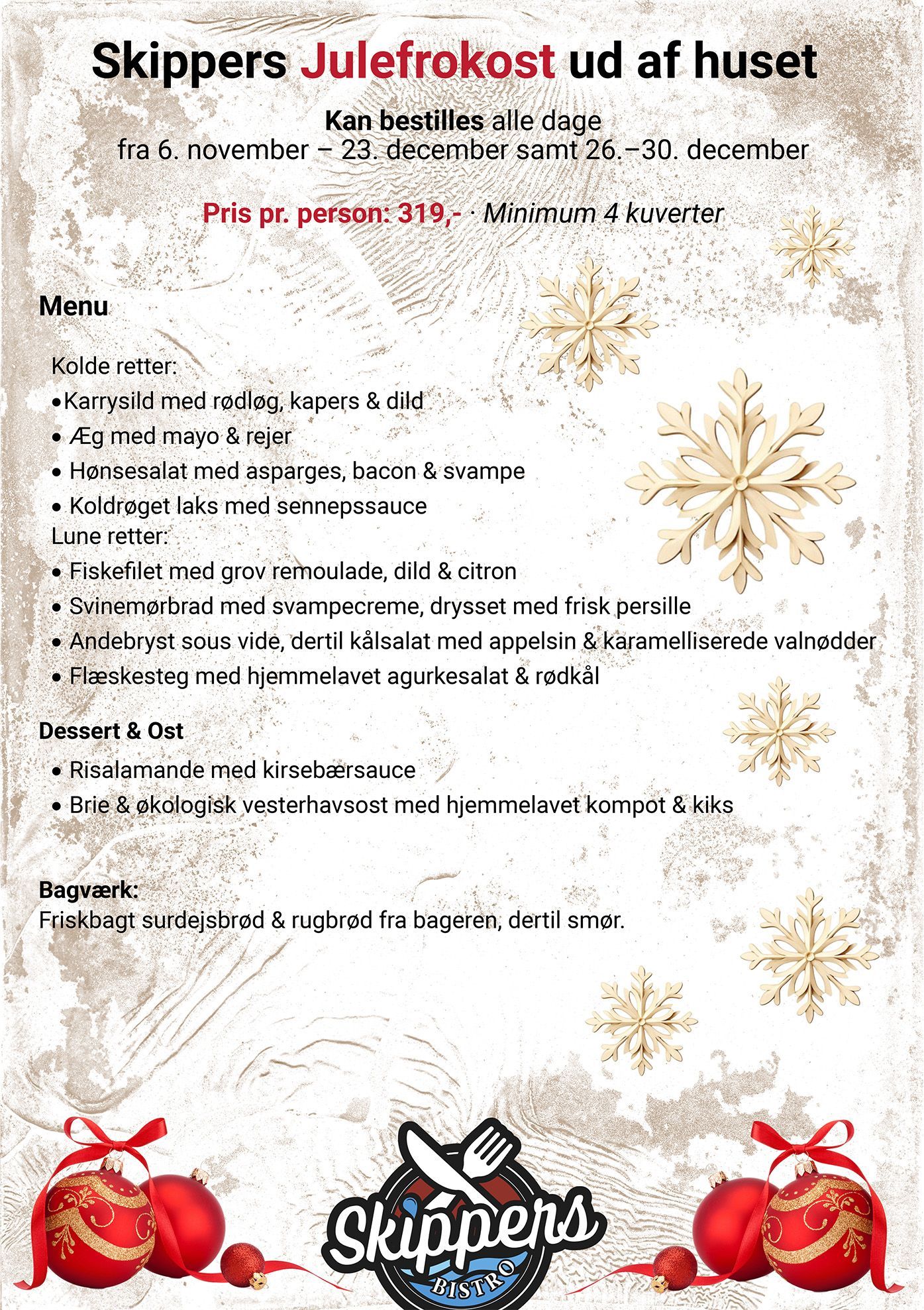 Julfestmenu til skippere med festlige gyldne snefnug og røde ornamenter på en hvid baggrund