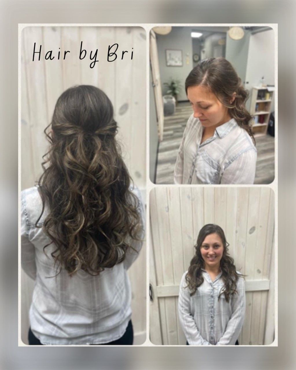 Hair by Bri collage showing a styled brunette wavy updo and front and back views of the hairstyle