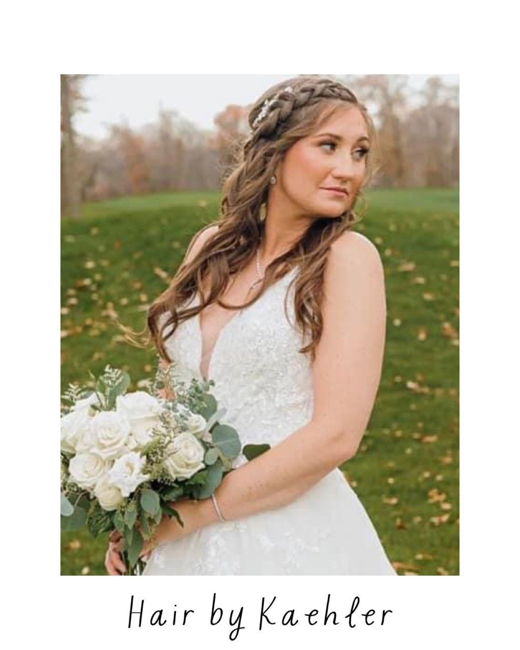 Bride holding white bouquet outdoors, with “Hair by Kachler” text below