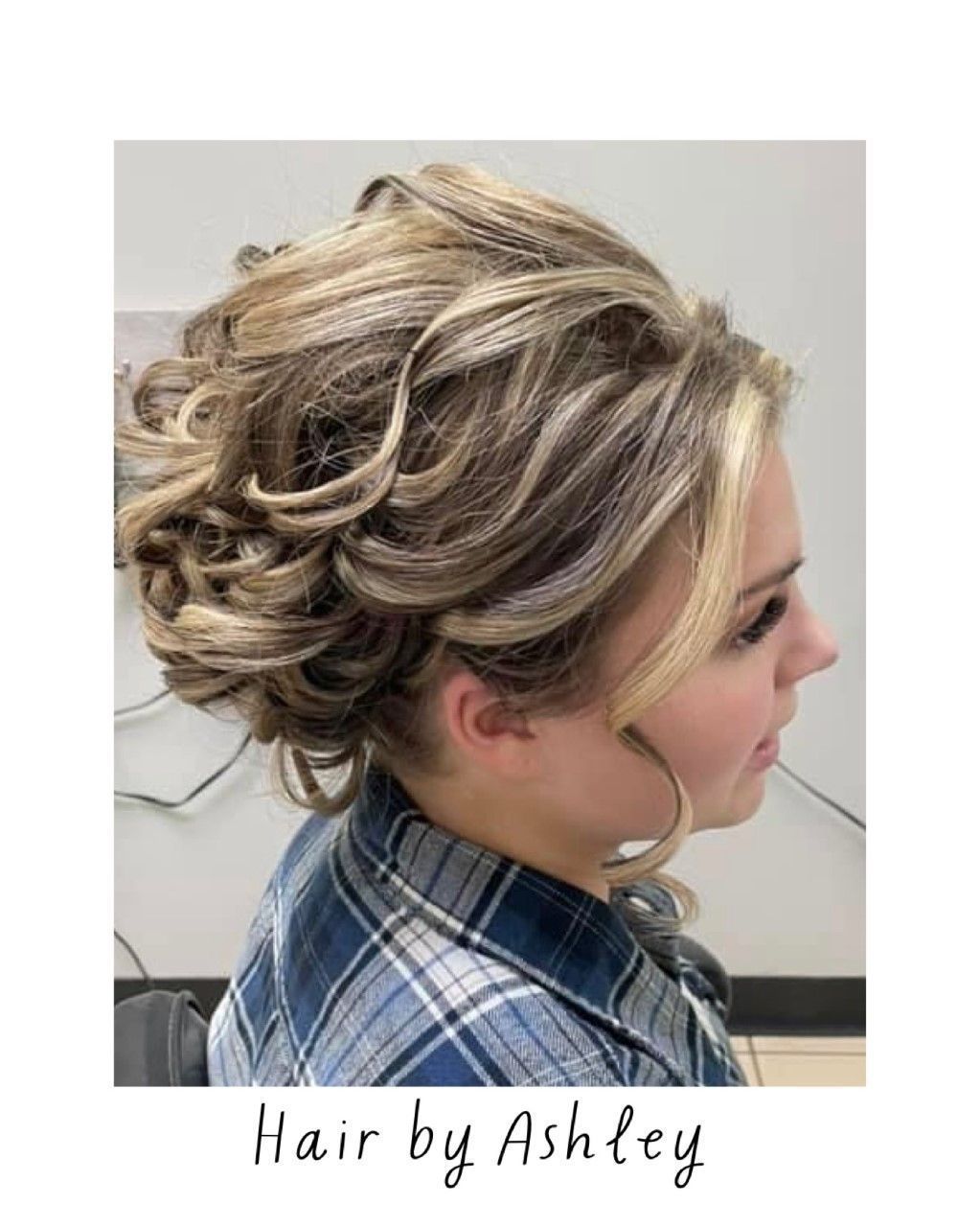 Short blonde layered haircut with highlighted curls, shown in profile against a plain background.