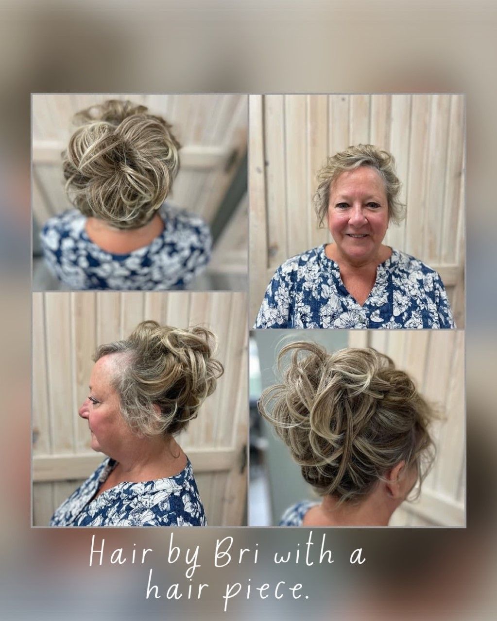 Collage of a curly updo hairstyle shown from front, side, and back on a person in a blue top