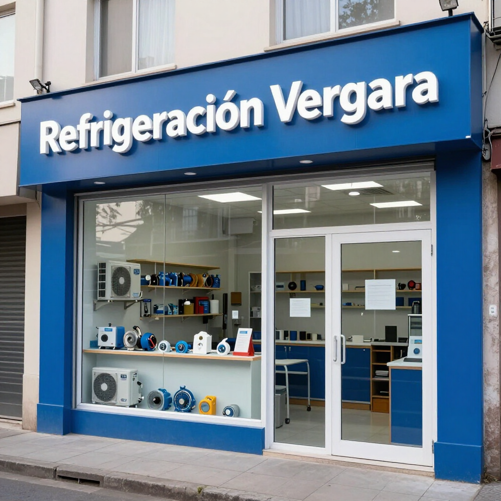 Fachada de “Refrigeración Vergara” con fachada azul y unidades de aire acondicionado en exhibición.