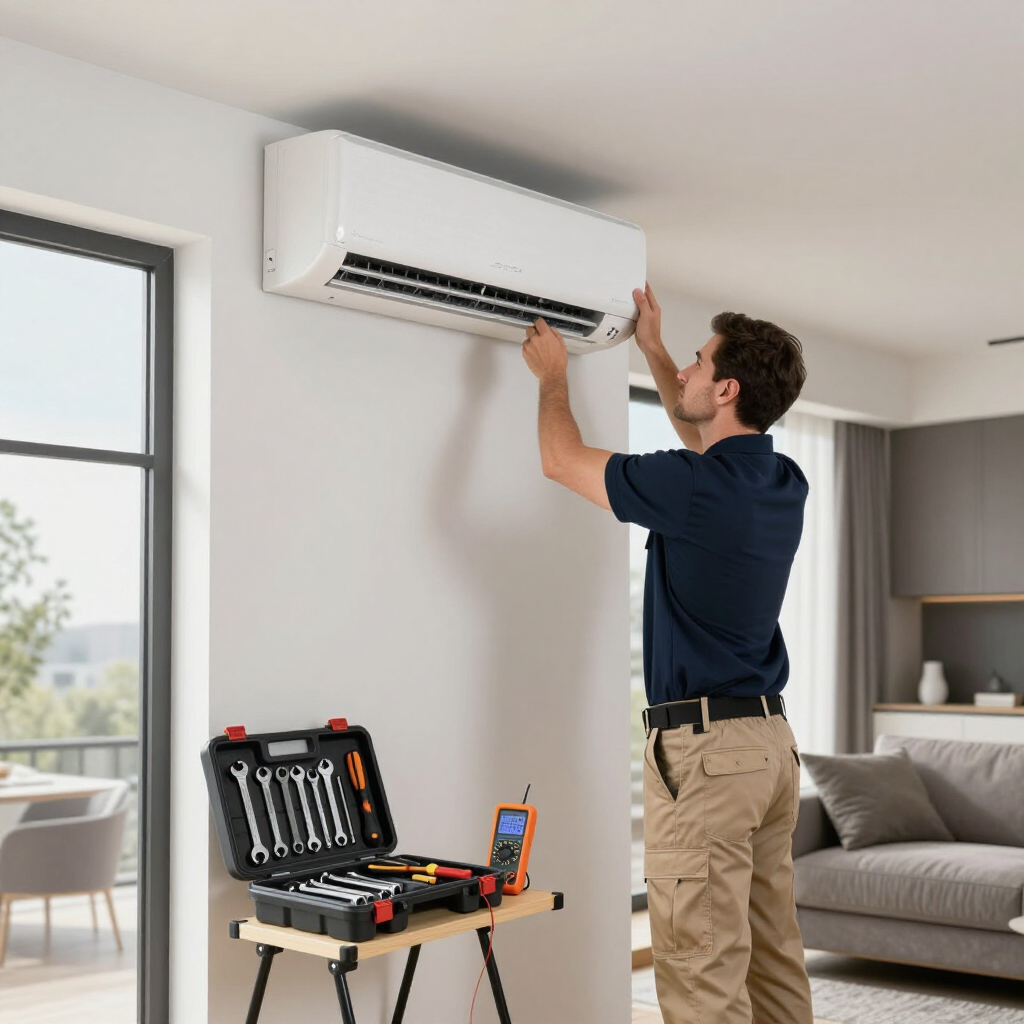 Técnico instalando un aire acondicionado blanco de pared en una sala de estar luminosa.