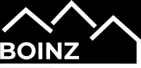 A black and white logo for boinz with a mountain in the background.