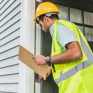 A man wearing a hard hat and safety vest is looking at a clipboard.