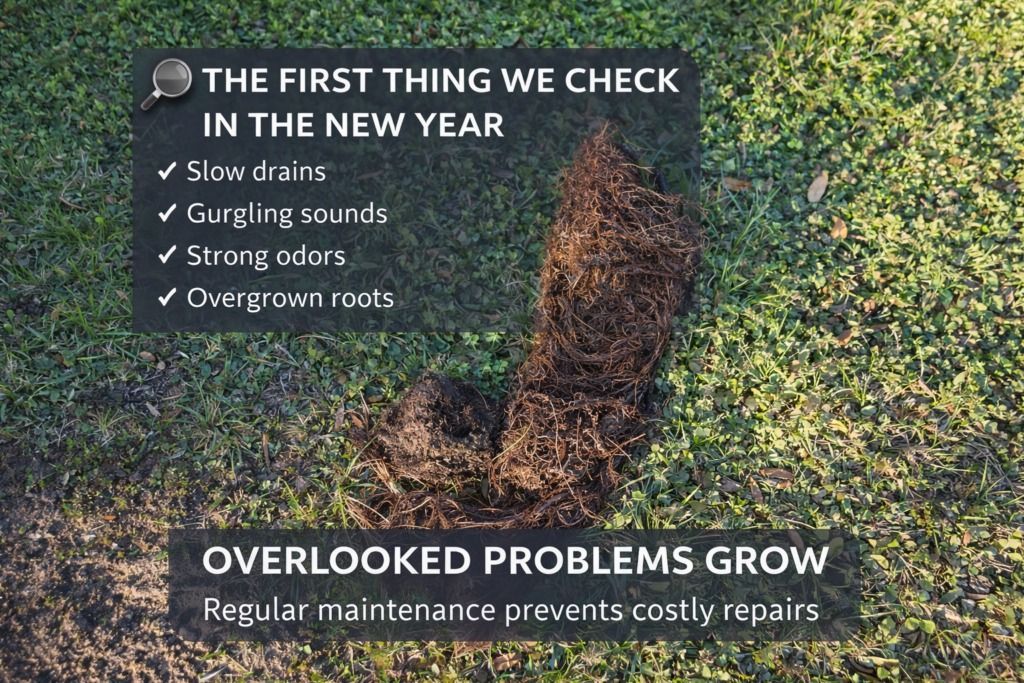 Lawn with text listing spring maintenance: slow drains, overgrown shrubs, uneven lawn, and overgrown roots.