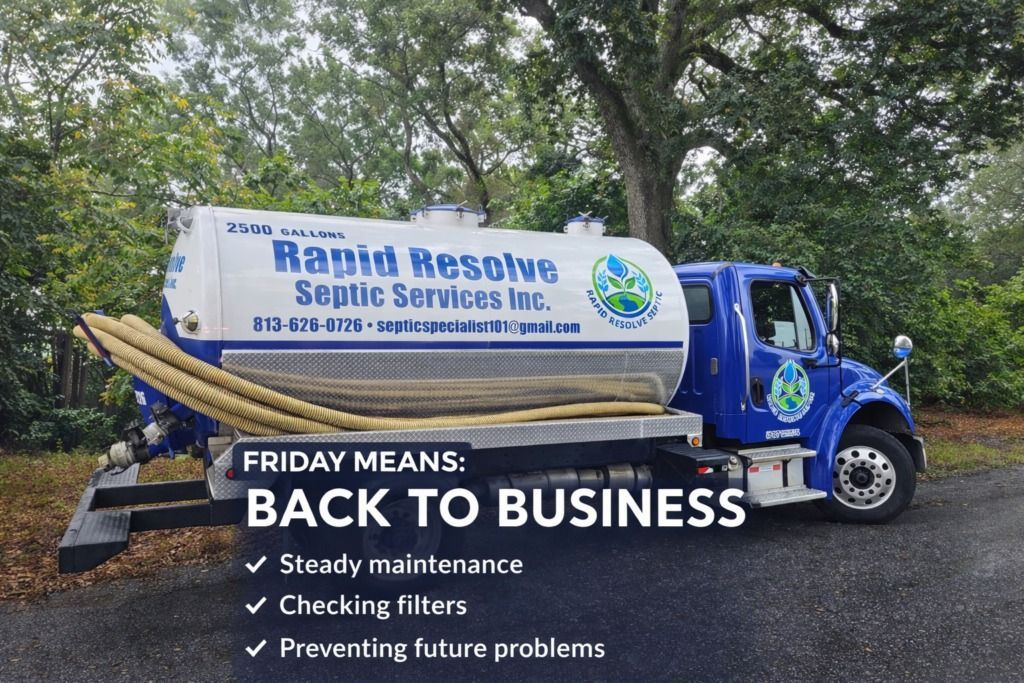 Blue sewer service truck with โBack to Businessโ message and a list of Friday maintenance tasks.