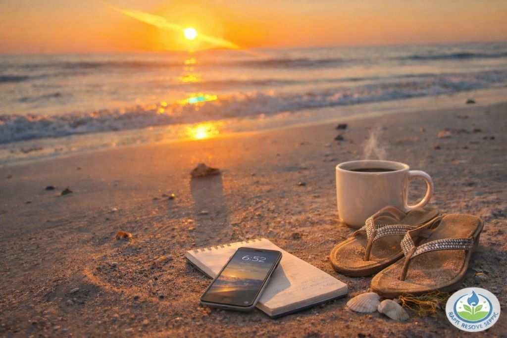 Coffee cup, glasses, and notebook on a sandy beach at sunrise with waves in the background.