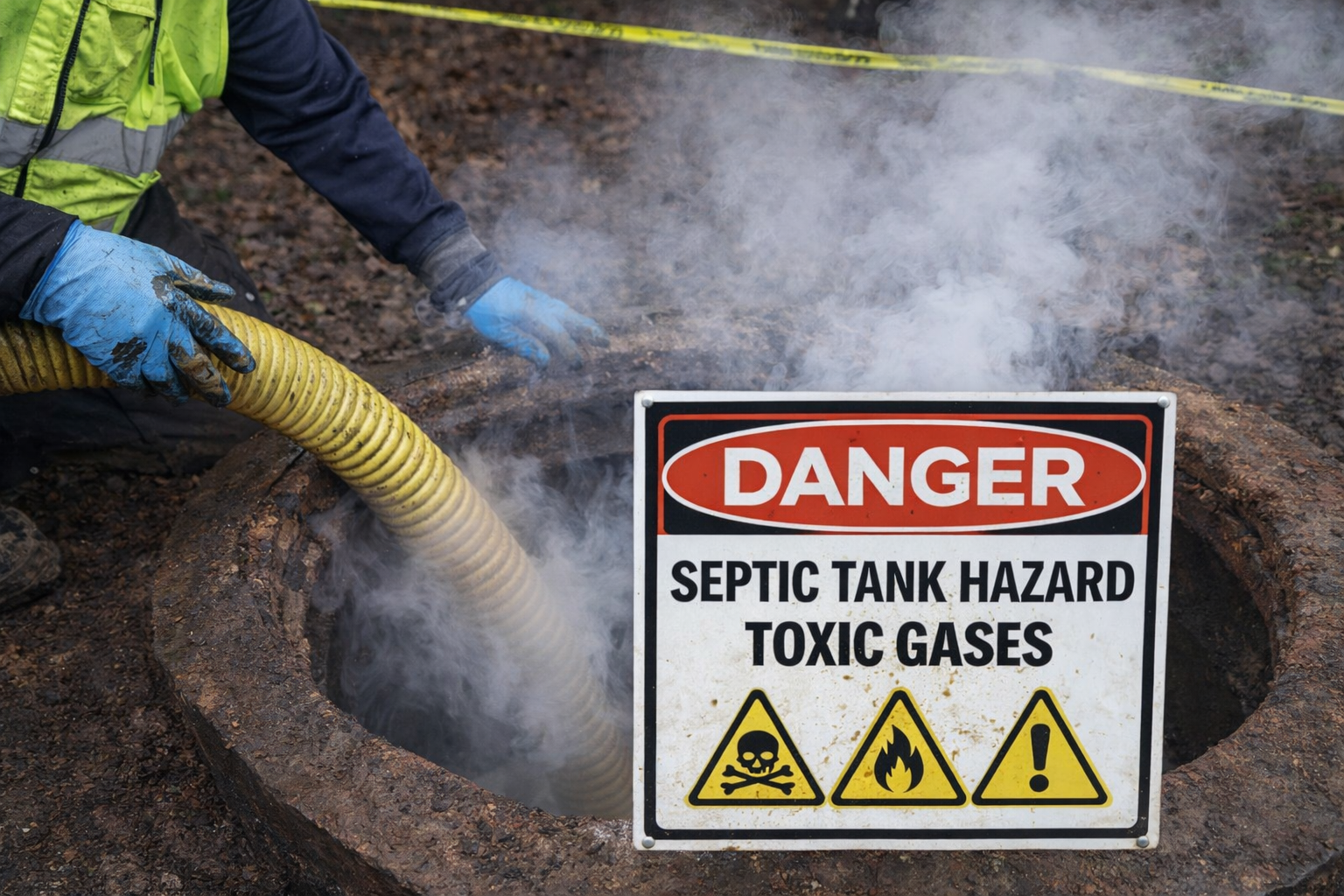 Worker in blue gloves pumping a septic tank beside a danger sign warning of toxic gases