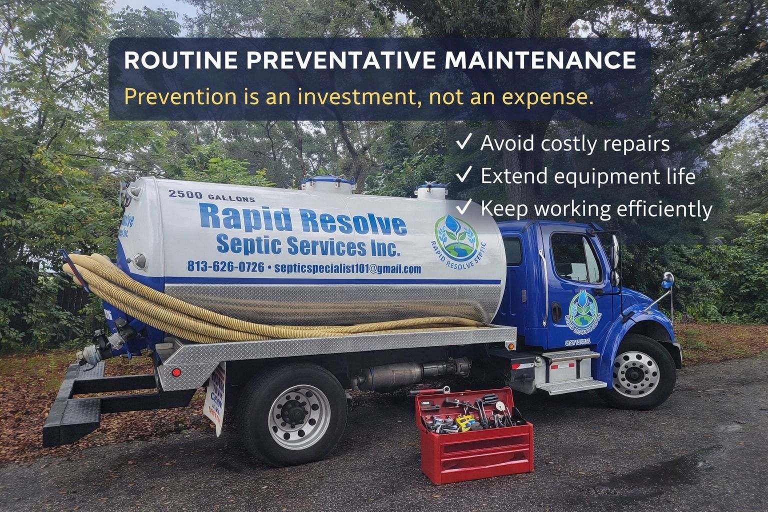 Septic service truck with tank and tools promoting routine preventative maintenance outdoors.