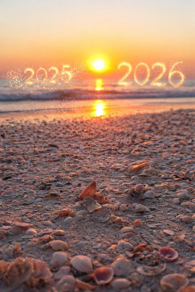 Beach sunset with waves and pebbles, glowing “2025” to “2026” in the sky