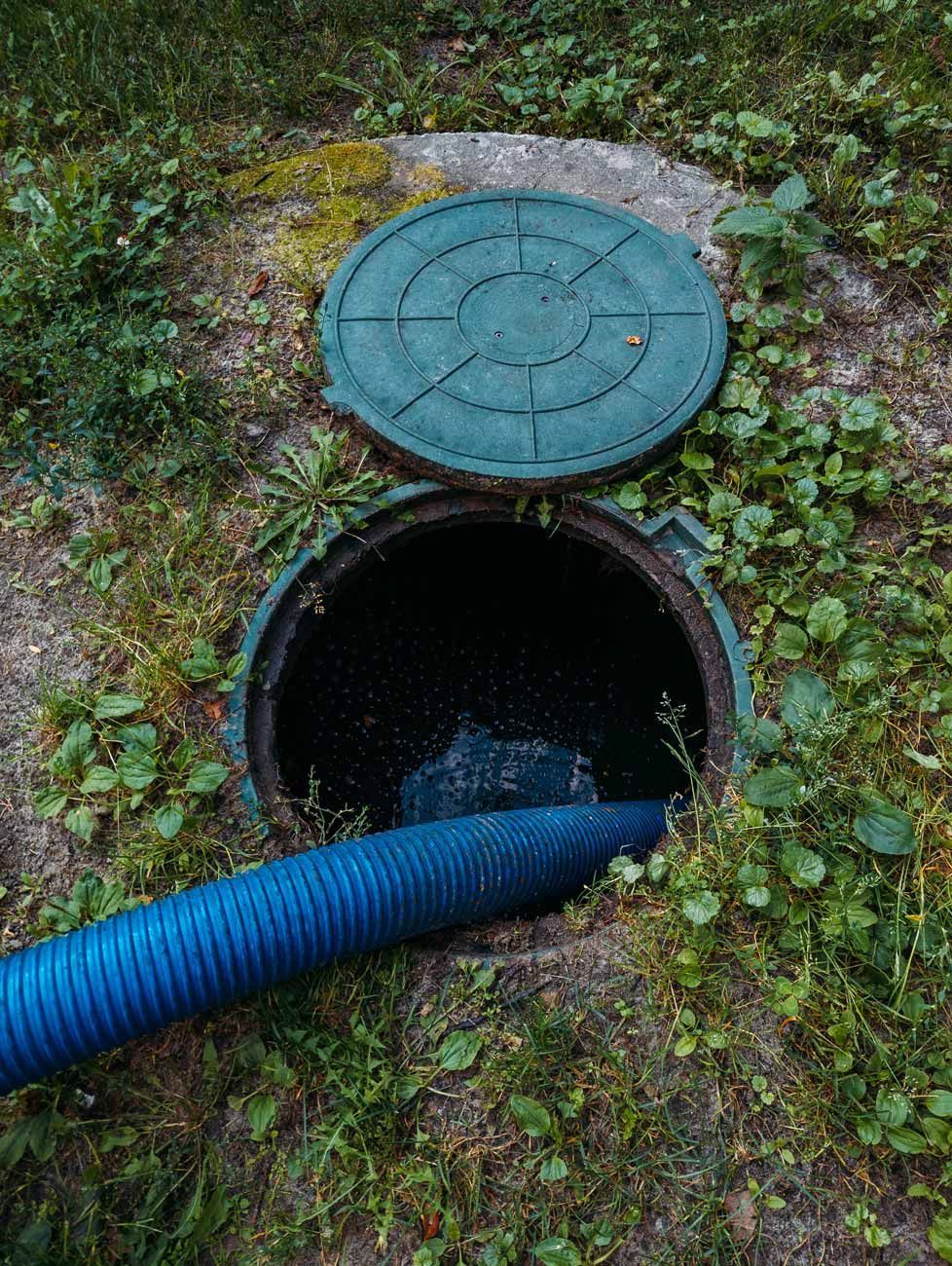 Open manhole with green cover and blue hose in grassy ground