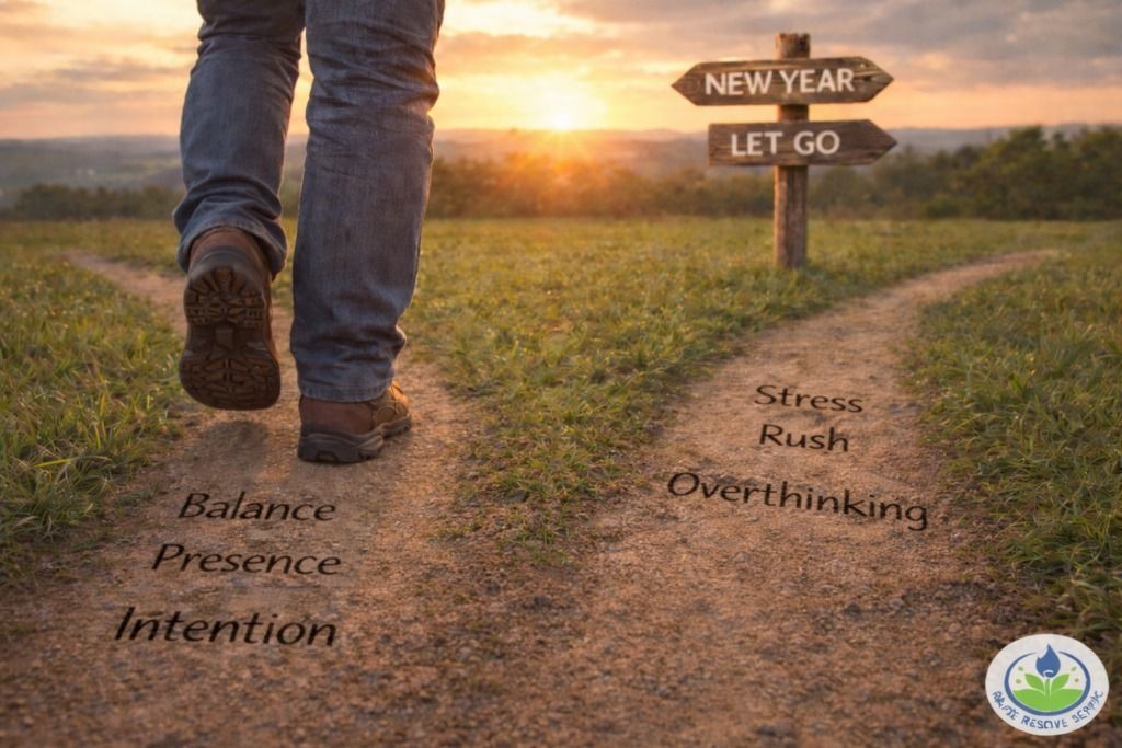 Person walking on a path at sunrise toward a sign reading “New Year Let Go,” with motivational text on the ground.