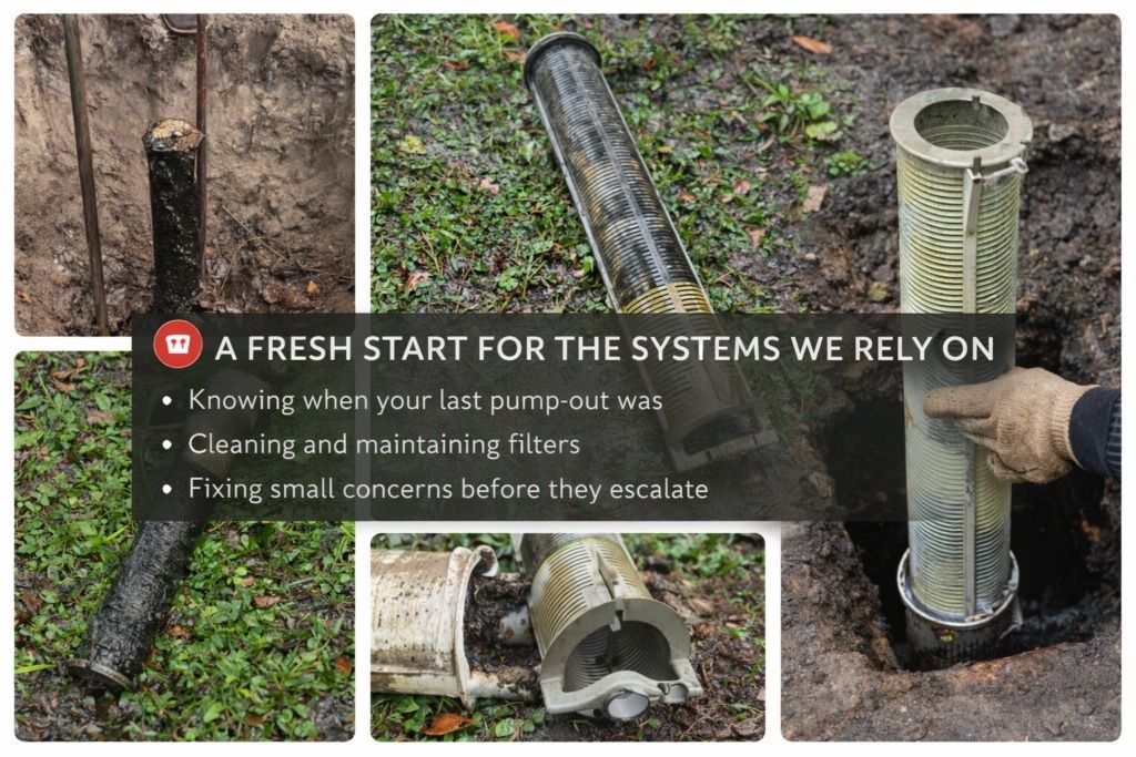 Split collage showing tree care: a tree stump, clearing work, and a hollow tree trunk with caption text.