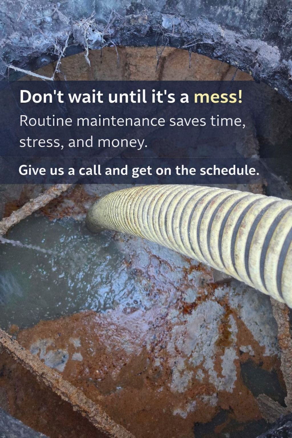 White vacuum hose clearing debris from a dirty floor with text: โDonโt wait until itโs a mess!โ