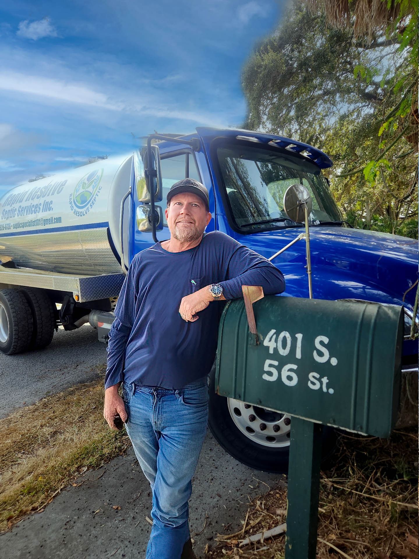Man leaning on a green street sign beside a blue truck on a rural roadside