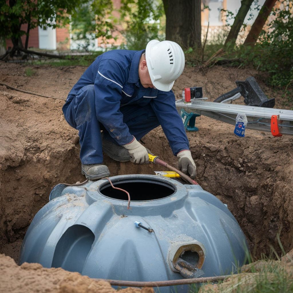 Worker in hard hat adjusting a blue underground tank at a construction site