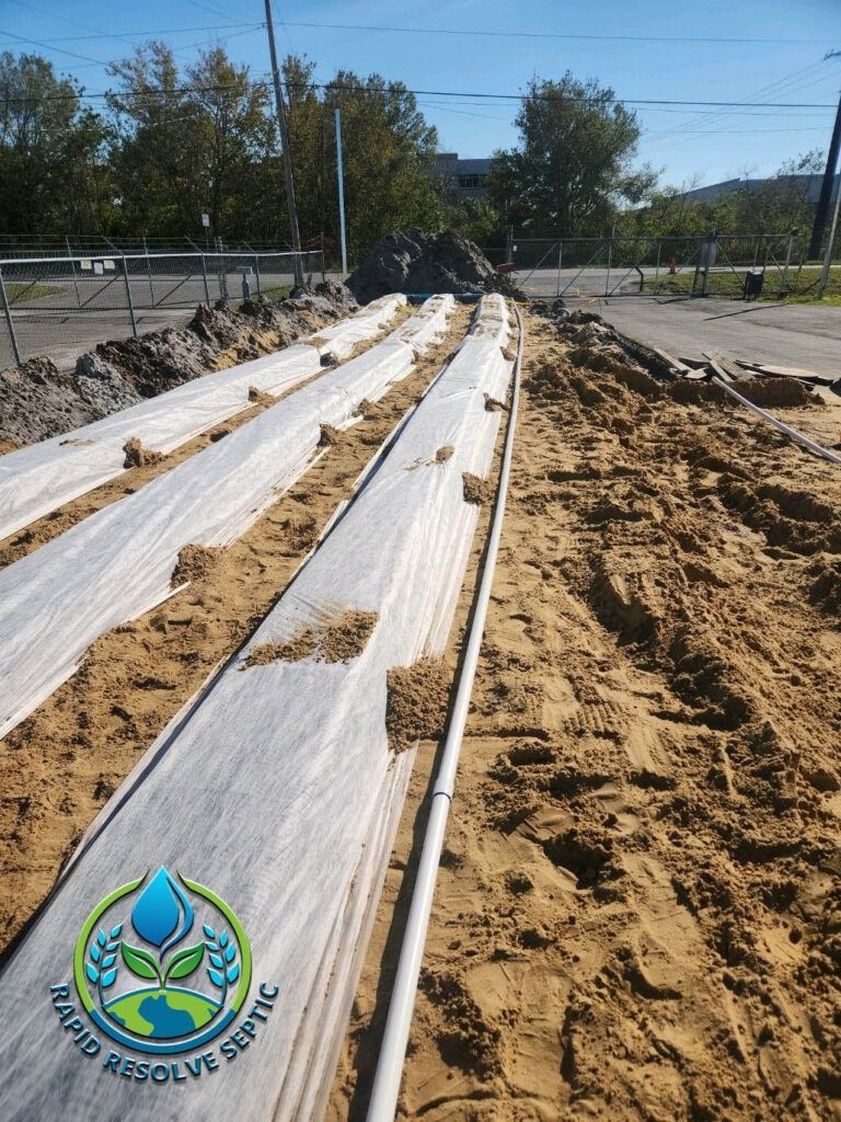 Construction site with long white-lined trenches and piles of sand on a dirt road under a clear sky