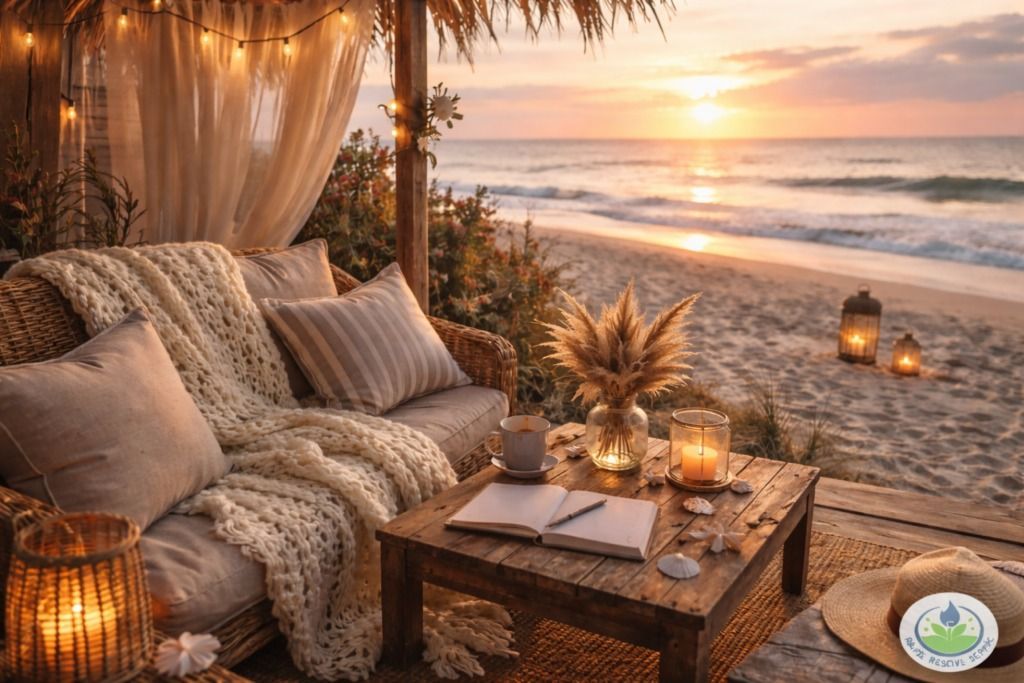 Cozy beach lounge at sunset with cushioned chairs, candles, and a woven table by the shoreline