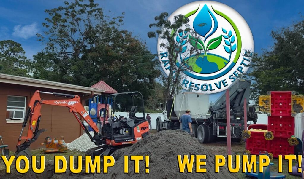 Excavator and pump truck at a worksite with large sign reading “YOU DUMP IT! WE PUMP IT!”
