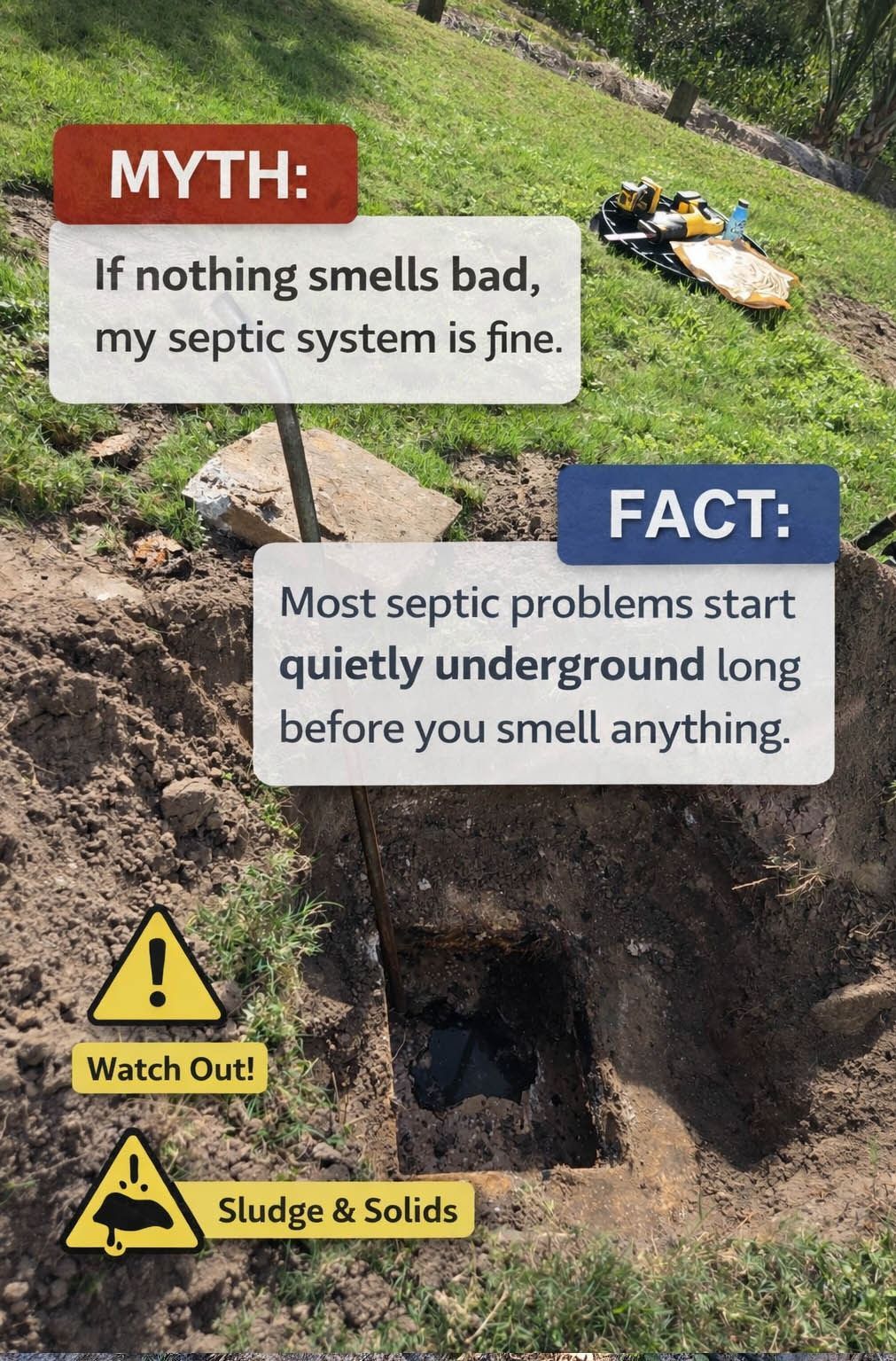 Septic tank warning sign over a dug-up yard with captions about hidden problems and sludge/solids.