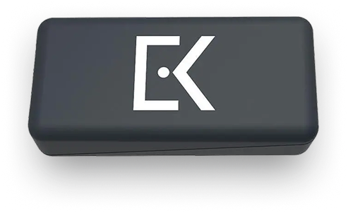 Dark gray rectangular device with a white