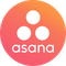 Asana logo: white circles in a triangular arrangement on a gradient orange-pink background. Text: “asana”.