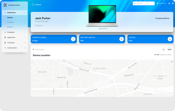 Web interface showing laptop device information, with map and status details, in blue and white.