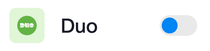 Duo app icon and label with an active toggle switch, colored blue.