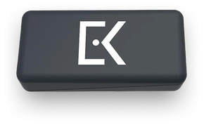 Dark gray rectangular device with a white