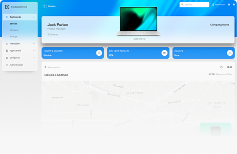 Dashboard interface, profile: Josh Palus, with device and location information.