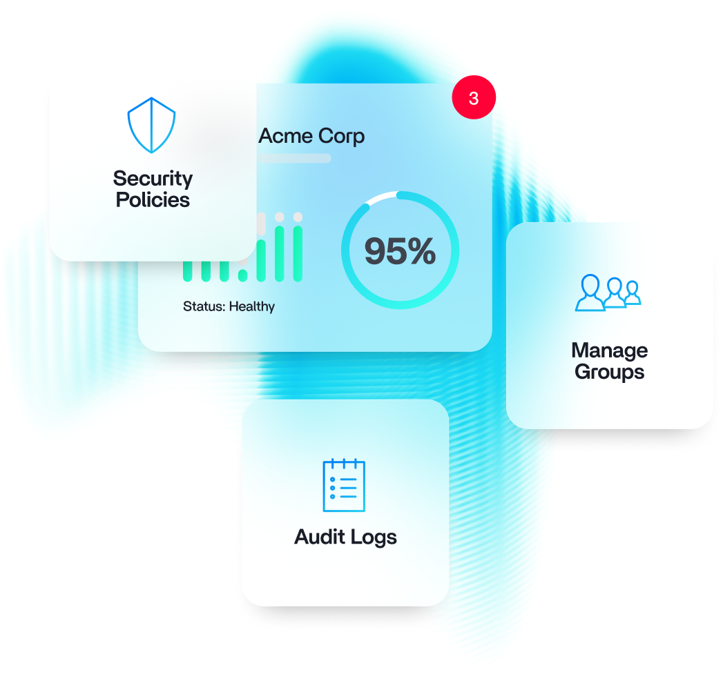 Dashboard overview with security policies, audit logs, group management, and health status (95%).