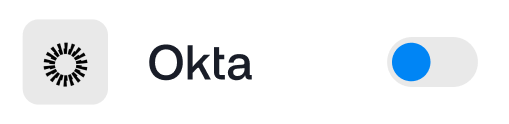 Okta toggle switch enabled. Icon of a gear shape in a rounded rectangle next to the word