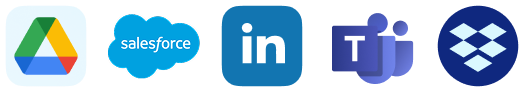 Logos of Google Drive, Salesforce, LinkedIn, Microsoft Teams, and Dropbox.