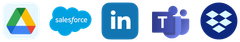 Logos of Google Drive, Salesforce, LinkedIn, Microsoft Teams, and Dropbox.