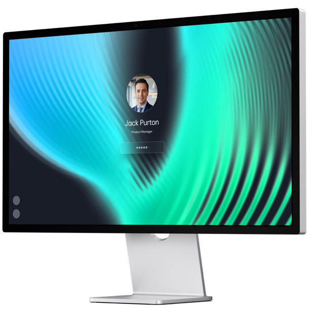 Monitor displaying a login screen with a user photo and swirling blue and green background.
