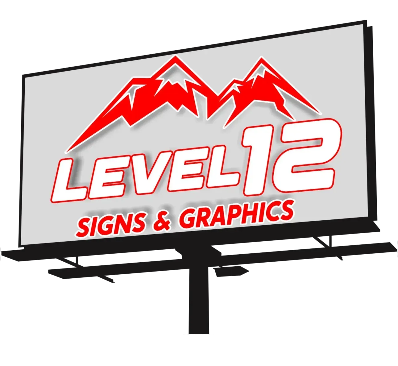 Billboard displaying a logo for "Level 12 Signs & Graphics." Red mountains above red and white text.