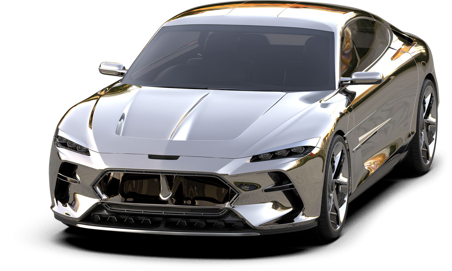 Shiny silver sports car, front view. Reflecting light, modern design.