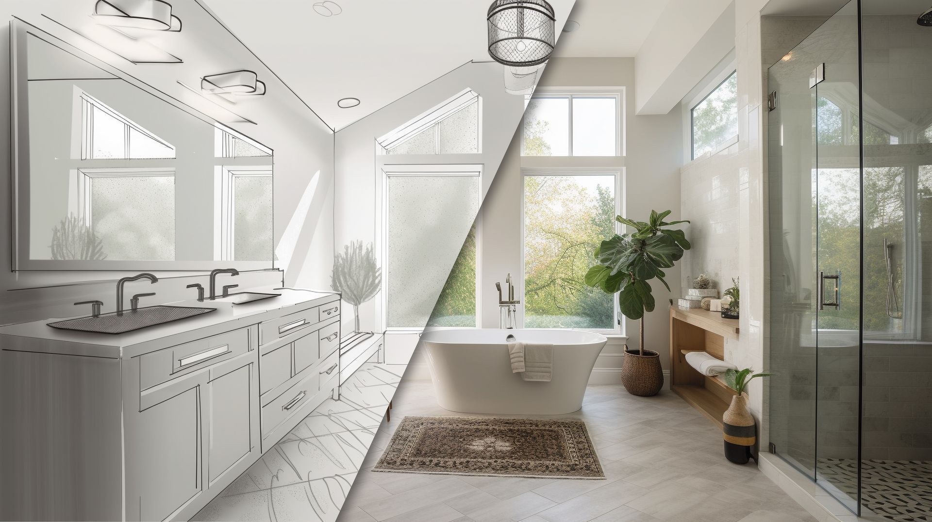 Split view of a bathroom transitioning from design sketch to finished modern space. Split view of a bathroom transitioning from design sketch to finished modern space.