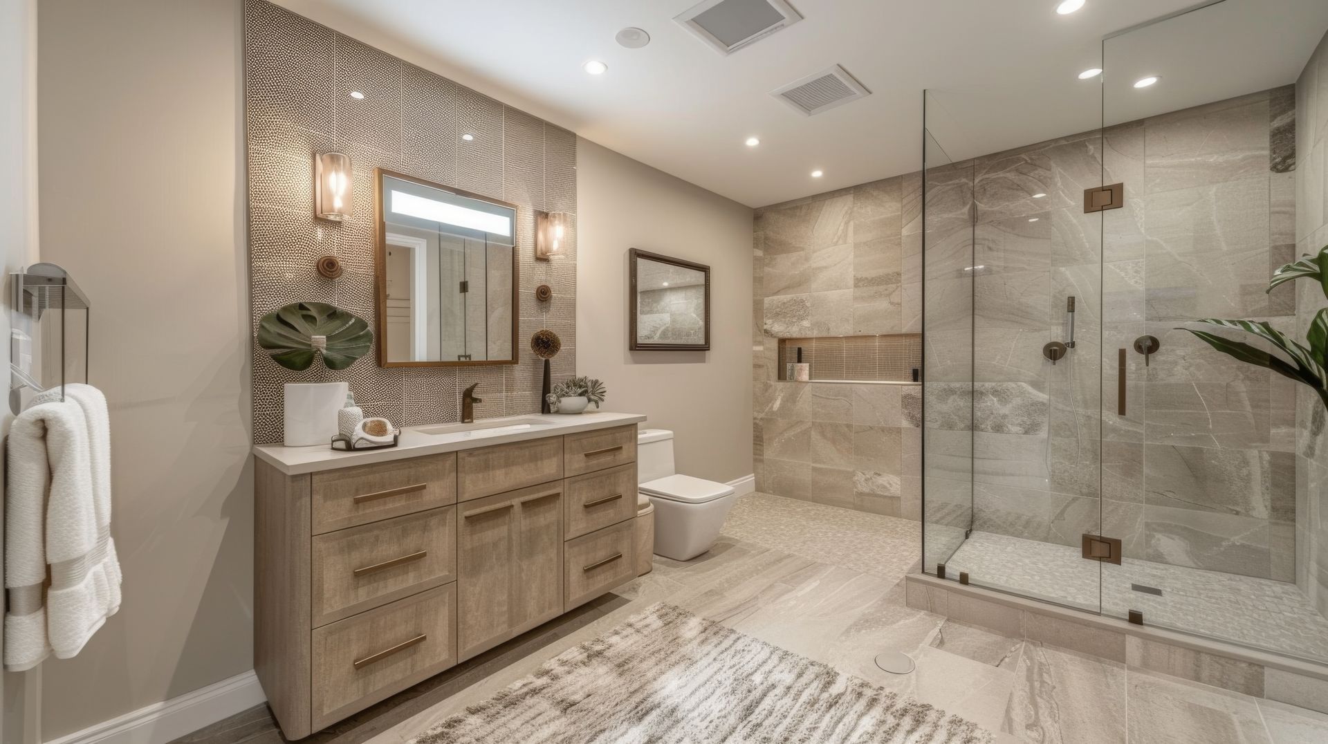 Custom Iowa City bathroom remodel with a frameless glass walk-in shower.