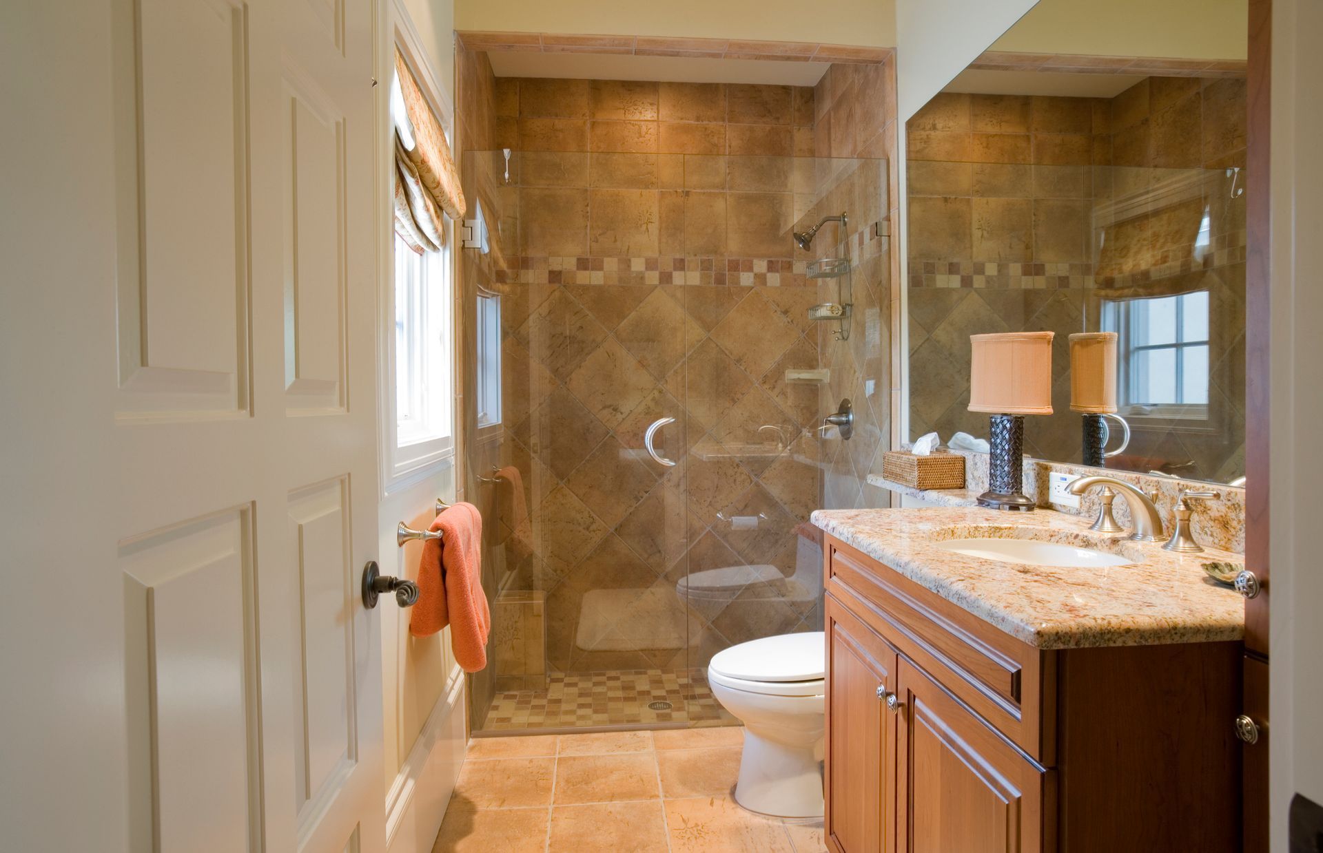 Modern travertine bathroom.