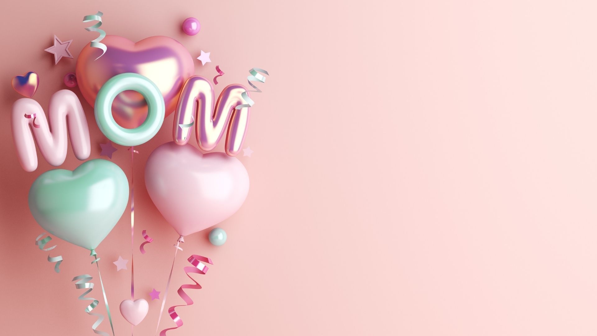 Pink Mother's Day balloon arrangement with “MOM” letters and heart balloons on a pastel background