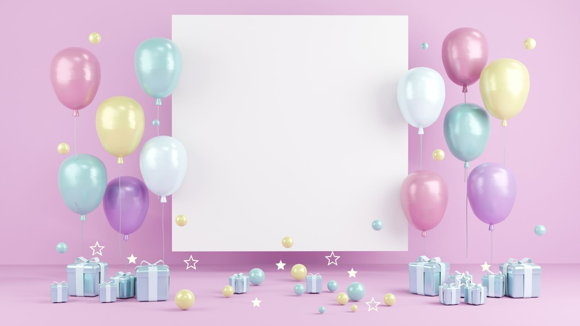 Pastel balloons and gifts framing a blank white square on a pink birthday party background