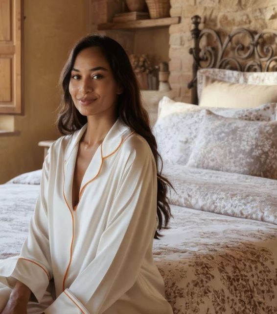 Una donna seduta su un letto in una camera da letto illuminata da una luce soffusa, indossa una vestaglia bianca e guarda in camera.